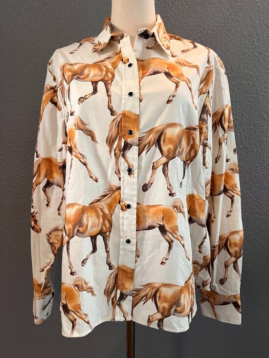 Panhandle Slim Tops - VINTAGE PANHANDLE SLIM WESTERN RUNNING HORSES WOMEN'S WESTERN SNAP FRONT SHIRT L